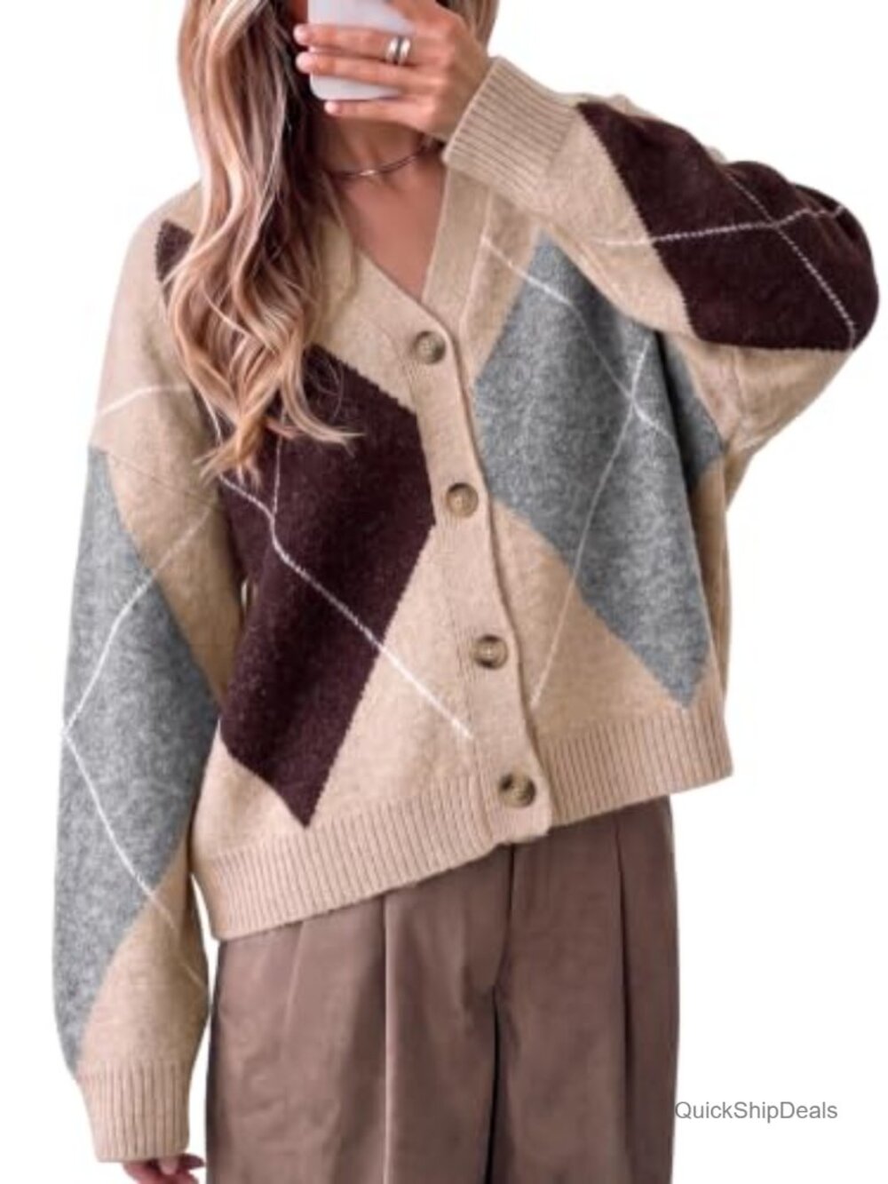 Plaid Color Block Cardigan V Neck Long Sleeve Knit Sweater Oversized